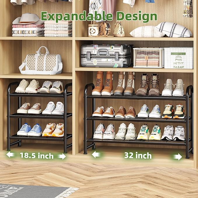 Simple Trending 3-Tier Expandable Shoe Rack, Stackable Shoe Shelf Storage, Metal Free Standing Shoe Organizer for Closet Entr