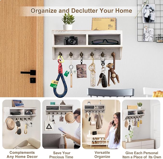 Key Holder Wall Mount - Mail Organizer Wall Mount with 6 Key Hooks and Storage Box for Sunglasses Storage and Dog Leash Holde