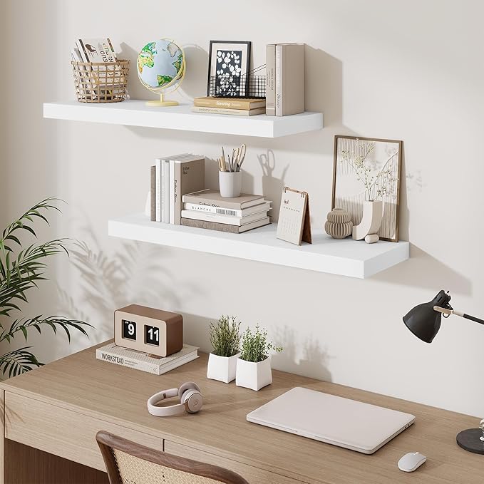 Fun Memories Floating Shelves Set of 2, 36 Inch Long Wooden Wall Shelves, 10 Inch Deep Wall Mounted Storage Shelf with Metal 