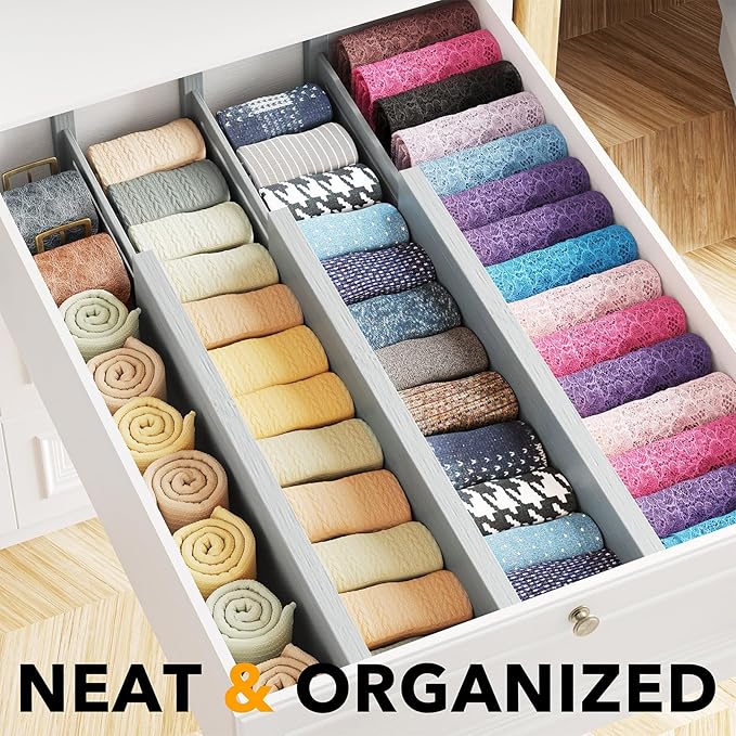 SpaceAid Bamboo Dresser Drawer Dividers 6 Pack, 4.65“ High Adjustable 17“-22” Drawer Organizers, Expandable Organization for 