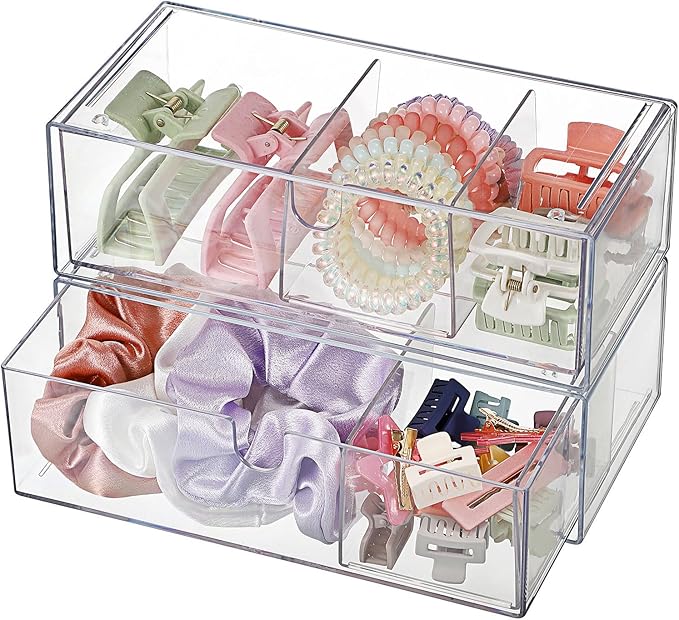 Hipiwe 2-Tier Acrylic Storage Drawer Stackable Box Hair Accessories Organizer Clear Desktop Organizer with Removable Dividers