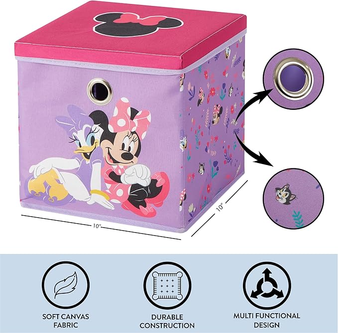 Idea Nuova Disney Minnie Mouse Collapsible Fabric Storage Cube,10” Organizer Bin with Lid for Bedroom, Playroom, and Closet