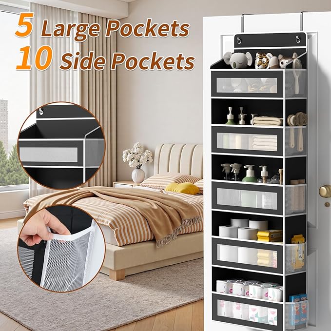 Over The Door Organizer with 5 Large Pockets, Over the Door Storage 10 Side Pockets 44 lb Load Behind Door Storage, Door Orga