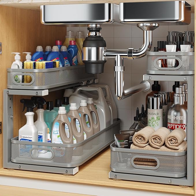 2 Pack 19.3IN-Depth Under Sink Organizer with Smooth Cylindrical Rail,2-Tier Pull Out Multi-Purpose Cabinet Storage for Bathr