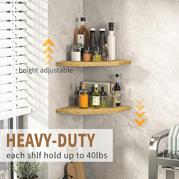 Corner Shelf Wall Mount, Floating Corner Shelves, Set of 2 Corner Wall Shelf Organizer, Rustic Wood Wall Storage Display Shel