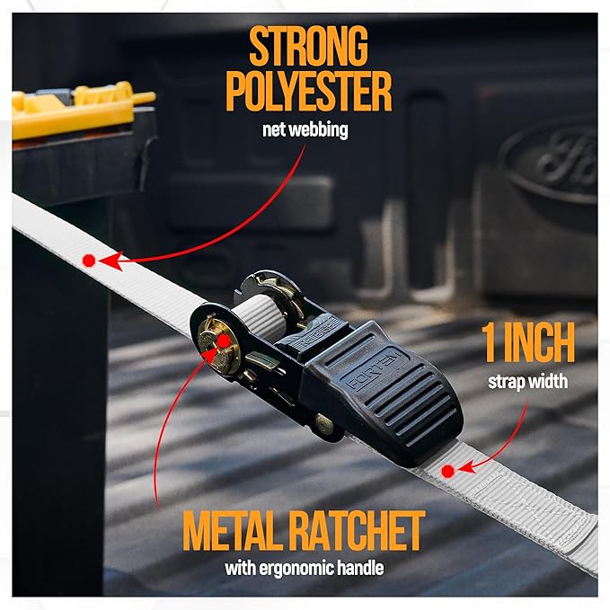 FORTEM Ratchet Straps, Tie Down Strap Set 1650lb Break Strength, 4 Pack 15ft x 1in, 4 Soft Loops, Moving Straps Tie Downs, Cargo Cam Buckles for Trucks, Carry Bag, for Men