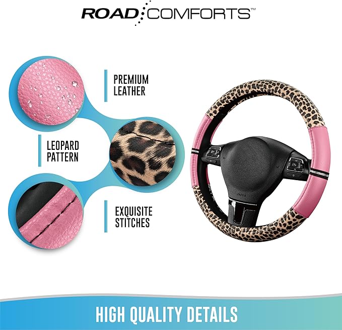 Road Comforts Leopard Steering Wheel Cover for Women, Cute Anti-Slip Microfiber Leather, Universal Fit 14.5-15 Inch Round Ste