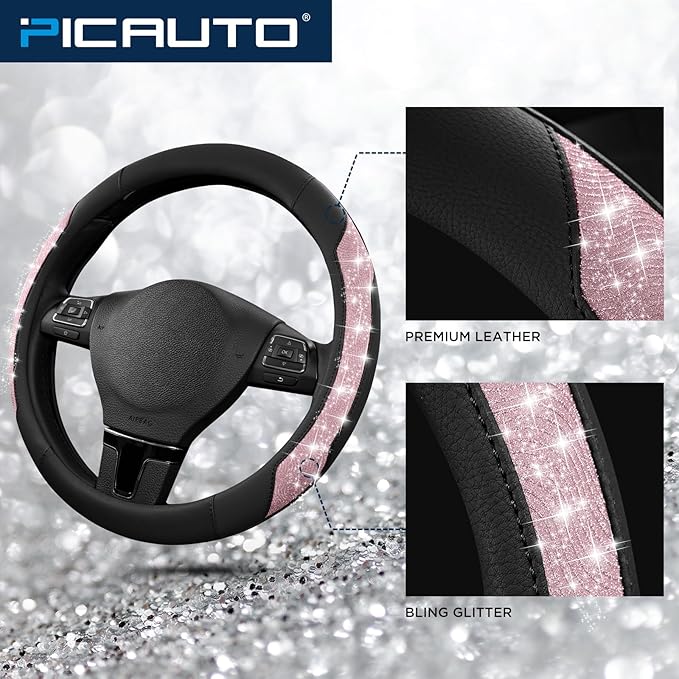 PIC AUTO Steering Wheel Cover, Pink Sparkly Crystal Bling Glitter with Leather, Universal Fit 14.5"-15.5" Car Steering Wheels