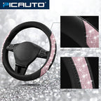 PIC AUTO Steering Wheel Cover, Pink Sparkly Crystal Bling Glitter with Leather, Universal Fit 14.5"-15.5" Car Steering Wheels