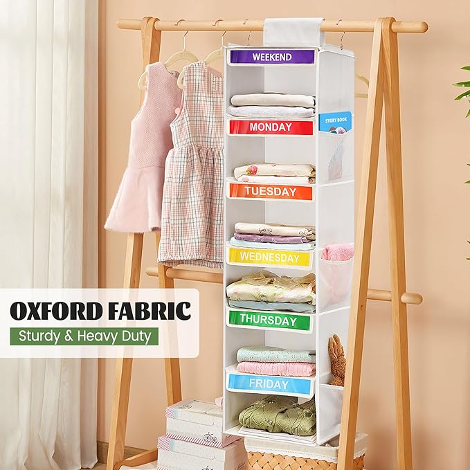 6-Shelf Weekly Clothes Organizer for Kids, Hanging Daily Closet Organization with 6 Side Pockets, Days of The Week Clothing D