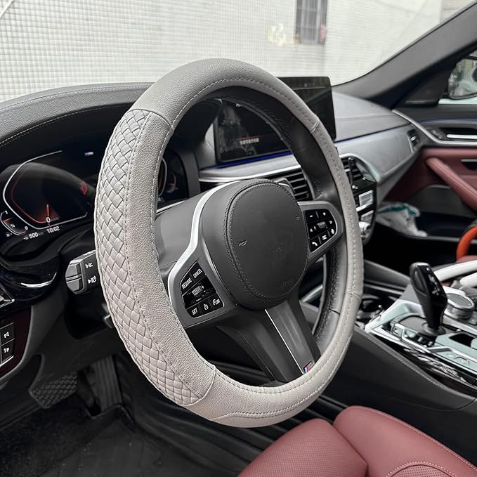 Moyishi Top Leather Steering Wheel Cover Universal Fit Soft Breathable Steering Wheel Wrap (Grey)