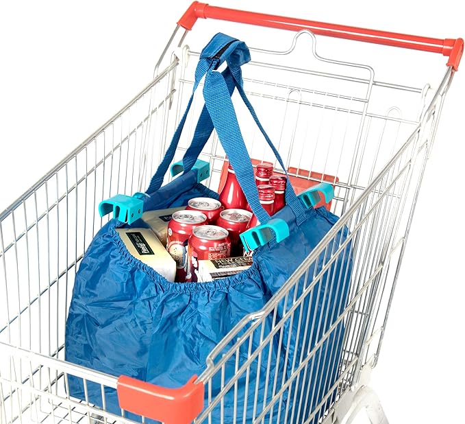 Handy Sandy Cart Caddy – 3-Pack Reusable Shopping Bags with Cart Clips | Heavy-Duty Grocery Organizer Tote Set | Eco-Friendly, Foldable, 40 lb Capacity | Blue