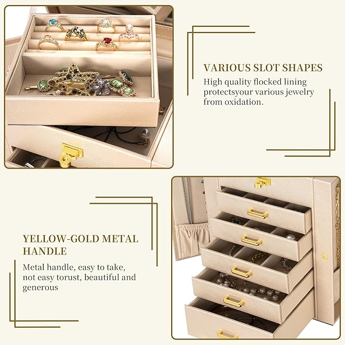 AKOZLIN 6-Tier Jewelry Box Organizer Functional Leather Jewelry Storage Case for Women Girls Ring Necklace Earring Bracelet H