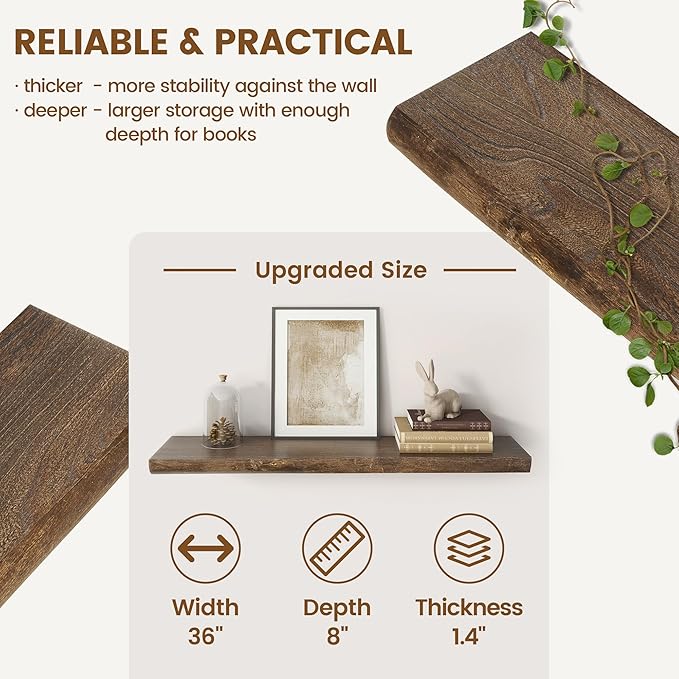 Live Edge Elm Floating Shelves for Wall Decor, Rustic Solid Wood Shevles Wall Mounted with Invisible Bracket for Living Room 