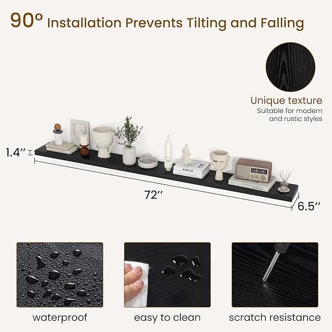 Dreamland 72Inch Floating Shelves for Wall, Rustic Wooden Black Floating Shelves for Living Room, Kitchen, Farmhouse, Deep Wa