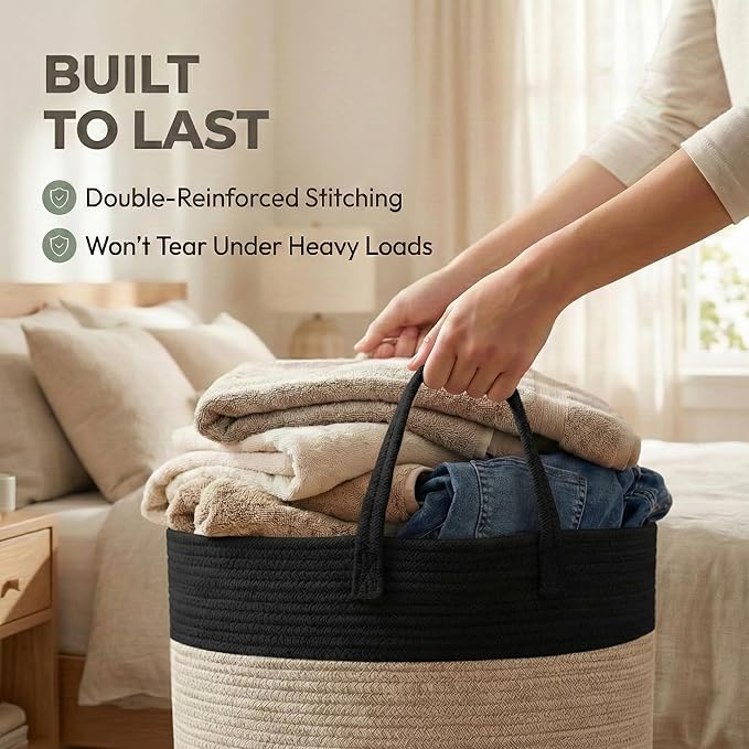 JMvicyroam 65L Extra Large Blanket Basket for Living Room - Woven Cotton Rope Laundry Hamper with Reinforced Handles - Storag