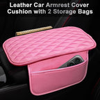 CAR PASS 3D Rhombus Leather Steering Wheel Cover Car Accessories Set, Comfortable Center Console Armrest Cushion with Storage Bags 2 Non-Slip Cup Coasters, 14.5-15in Cute Car Interior Sets, 4 PCS Pink
