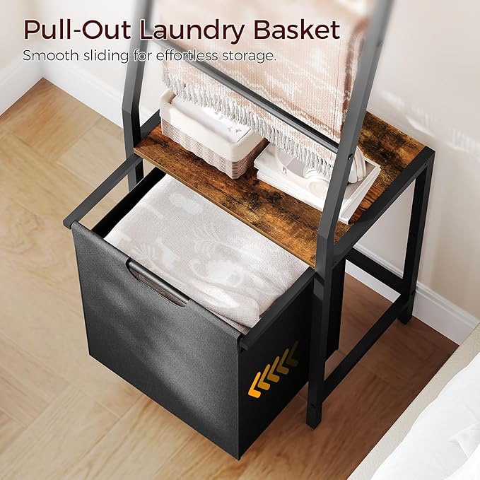 MAHANCRIS Blanket Ladder, 4-Tier Towel Rack with Pull-Out Laundry Basket & Removable Hooks, Ladder Shelf Stand, Wall-Leaning 