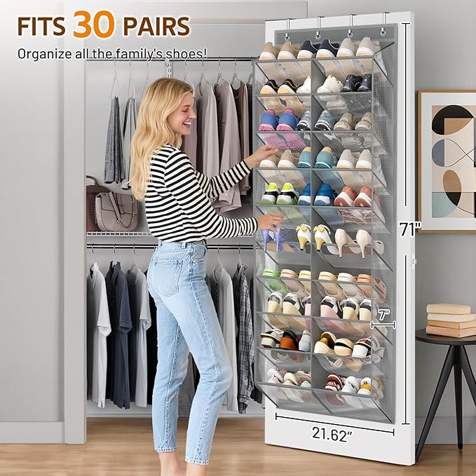 MISSLO 30 Pairs Over the Door Shoe Organizer Breathable Mesh Hanging Shoe Rack for Closet Storage with Wide Deep Pockets 10 T