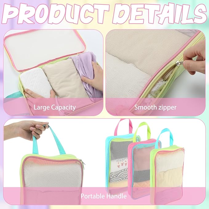 3 Pcs Mesh Packing Cube for Suitcases Travel Foldable Pastel Color Luggage Small Packing Organizers Space Saving Travel Acces