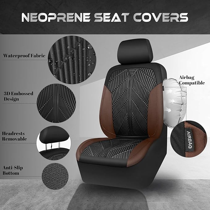 CAR PASS Waterproof Black Brown Car Seat Covers Front Seat Covers Neoprene Wetsuit,All-Weather Non-Slip Durable,Universal Fit