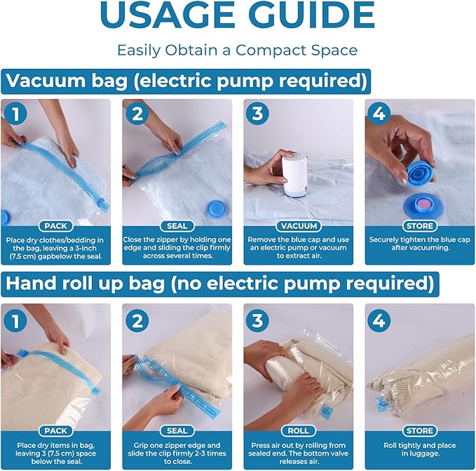 Travel Vacuum Bags with Rechargeable Cordless Pump, 20 Pack Vacuum Seal Bags for Clothing Travel Compression, Space Saver Vac
