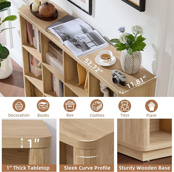 Joaxswe 12 Cube Storage Organizer, 41" Large Bookshelf with Curved Edge, Wood Floor Standing 3-Tier Cubby Bookcase with Base,