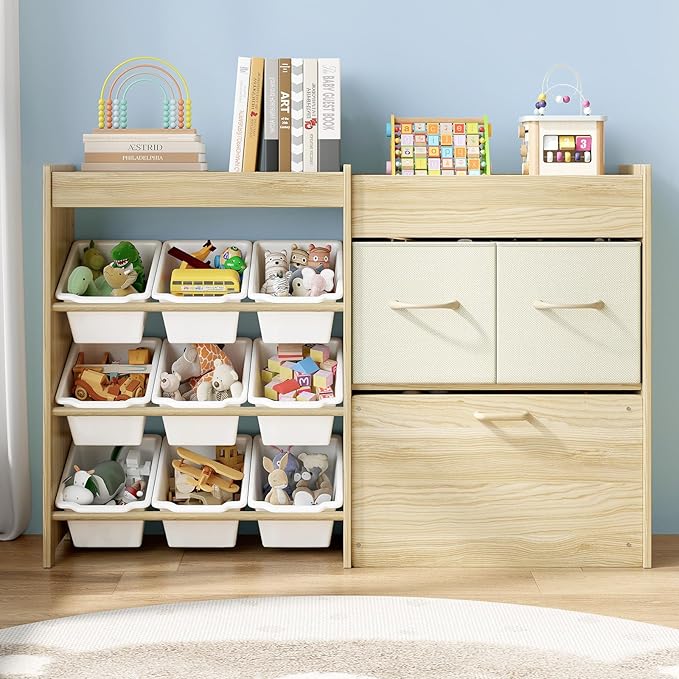 EXPERLAM Toy Storage Organizer for Kids, 9-Bin Toy Organizer with 2-Drawers, Movable Toy Chest and Top Rack, Multifunctional 