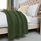 Chunky Cable Knit Throw Blanket Lightweight Olive Green 100% Organic Cotton Blanket for Sofa Couch Bed Baby Nursery, Rustic S