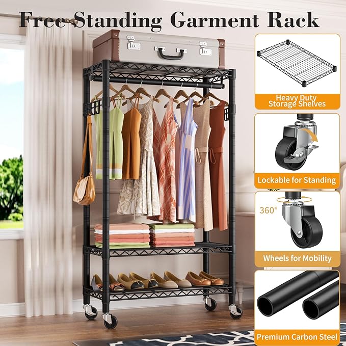 Heavy Duty Clothes Rack Rolling Garment Rack,3 Tier Adjustable Wire Shelving Clothing Racks for Hanging Clothes with Hanger R