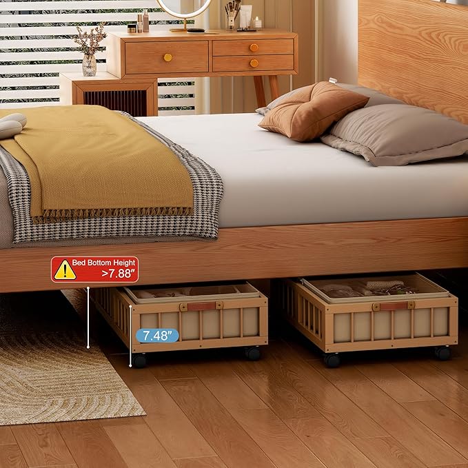efluky 2-Pack Bamboo Under Bed Storage Containers with Wheels, Under Bed Clothes Storage Basket with Large Dust Bag, Rolling 