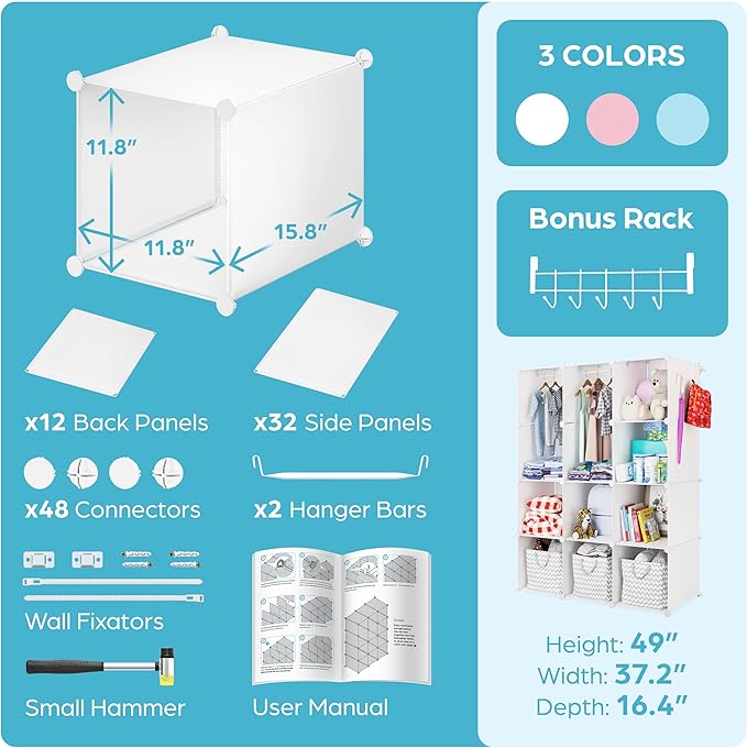 CUBEDIY Baby Closet Organizer for Nursery: Durable Baby Wardrobe for Closet - Customizable Baby Dresser Amoire Shelves - Wate