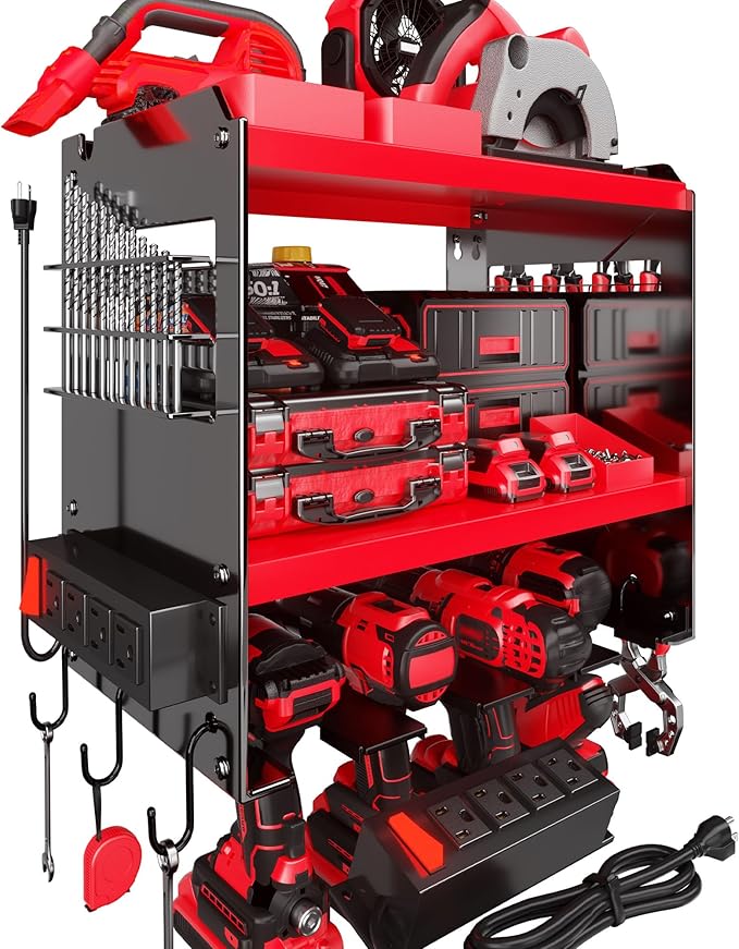 Spampur Power Tool Organizer Wall Mount with Charging Station, Tool Battery Holder with 4 Outlet Power Strip, 15 Min Assembly