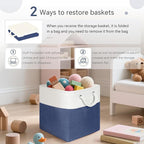 FinishingBo Cube Storage Baskets, 6 Pack 11x11 inch with Cotton Handles for Closet, Shelves, Clothes, Towel (White/Navy Blue)