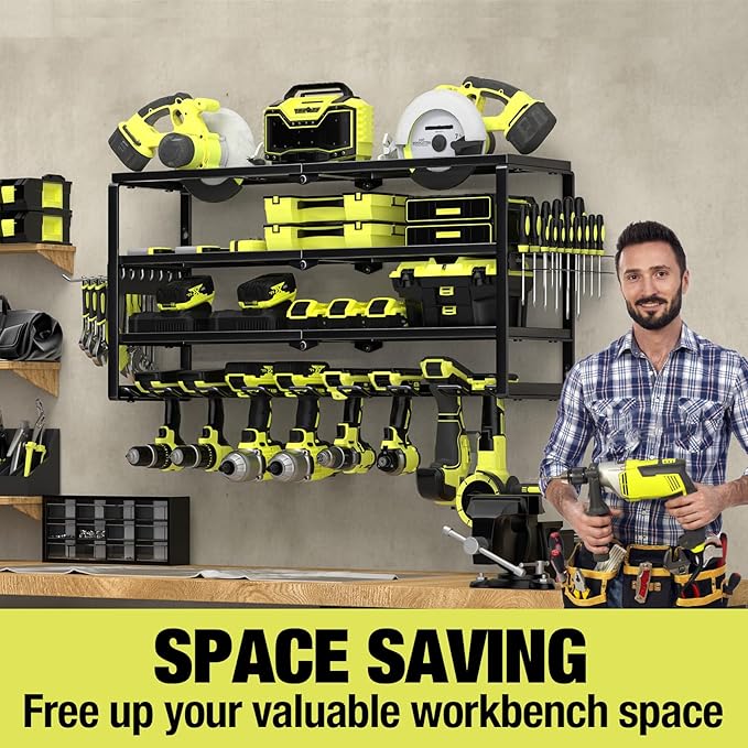 MOOMSINE 4 Layer Power Tool Organizer Wall Mount, Battery Tools Holder with Charging Station Shelf, Cordless Drill Hanger Sto