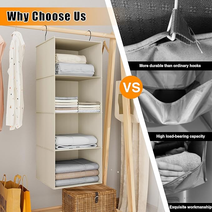 Hanging Closet Organizer, Easy Mount Foldable 4-Shelf Hanging Closet Wardrobe Storage Shelves, Clothes Handbag Shoes Accessor