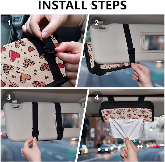 Car Tissue Holder Car Visor Organizer Tissue Box Holder for Car Sun Visor Organizer with Car Vehicle Accessories Essentials Interior for Women Men Pastel Heart Leopard Dot