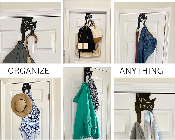 Evelots Cat Over The Door Hooks for Hanging-Set of 2 Black-Over The Door Organizer-Strong Metal Hooks