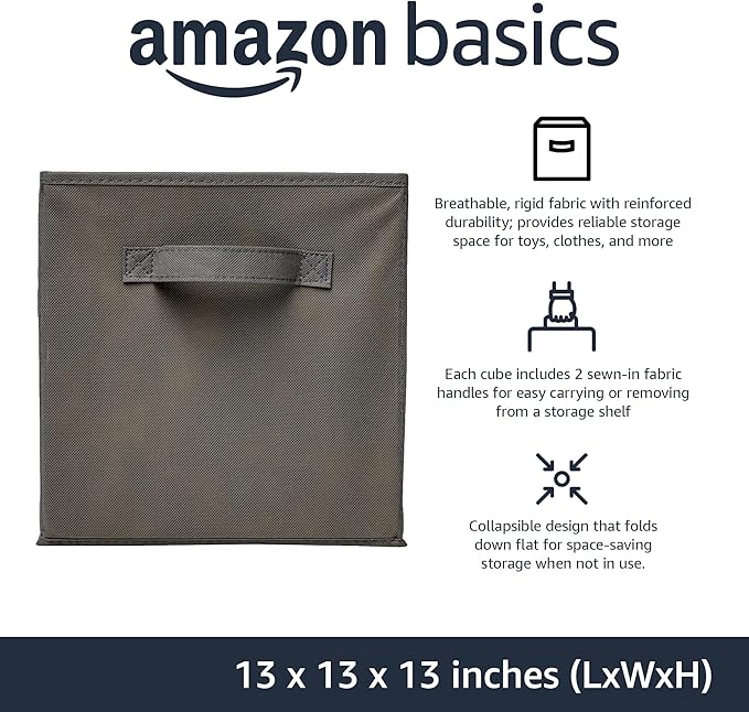 Amazon Basics Collapsible Fabric Storage Cube Bins Organizer with Handles for Organizing, Sturdy, Gray, 13 x 13 x 13 inch, 6-