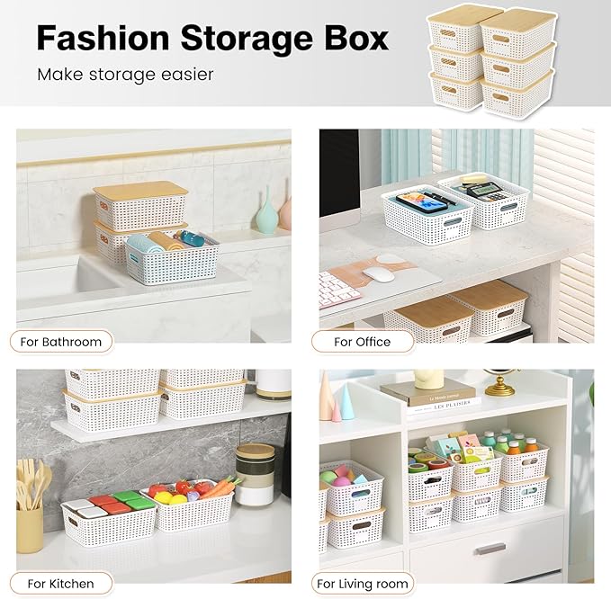 Ohmlove Plastic Storage Baskets With Bamboo Lid - Plastic Storage Containers Stackable Storage bins: Storage Baskets for Orga