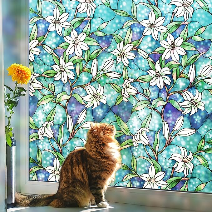 Coavas Decorative Window Privacy Film, Heat Control Sun Blocking Stained Glass Window Film, Floral Design Static Cling, Non Adhesive Windows Tint for Bathroom Front Door(Vinyl, 17.5" x 118.1 ")