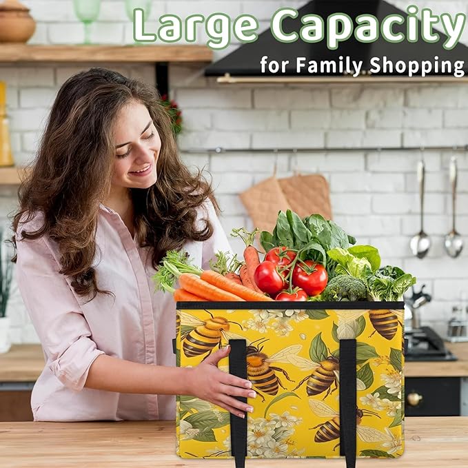 Reusable Grocery Bags Heavy Duty Shopping Bags Foldable Large Tote Bags with Long Handles & Hard Bottom