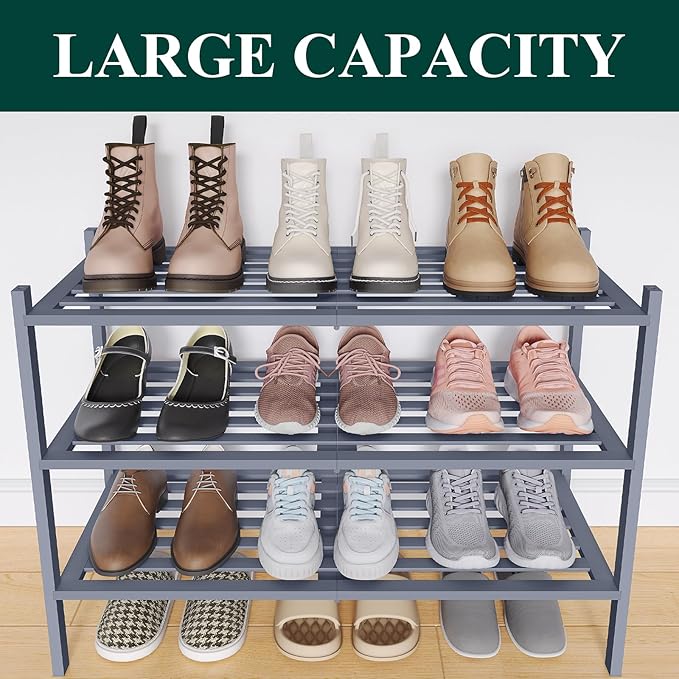 Smiry Bamboo Shoe Rack 3-Tier, Stackable Wooden Shoe Organizer for Entryway & Closet, Free Standing Wood Shoe Storage Shelf f