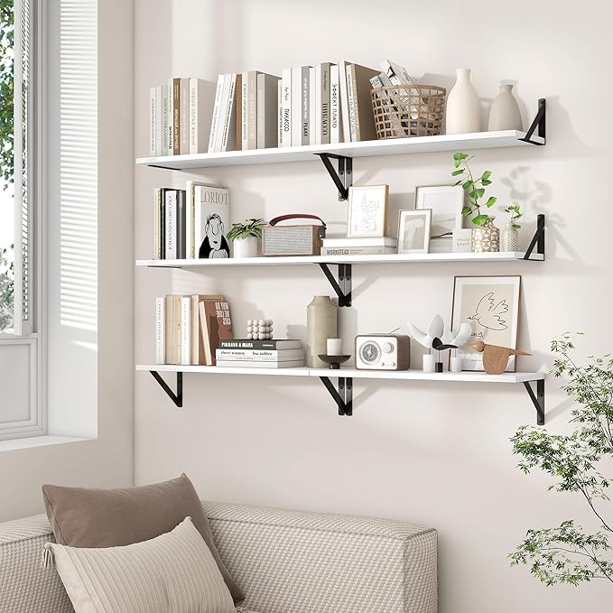 Axeman 55 Inch Floating Shelves | 8 Inch Deep White Wall Shelves Set of 2 | 55" W x 8" D Rustic White Wood Shelves for Bathro