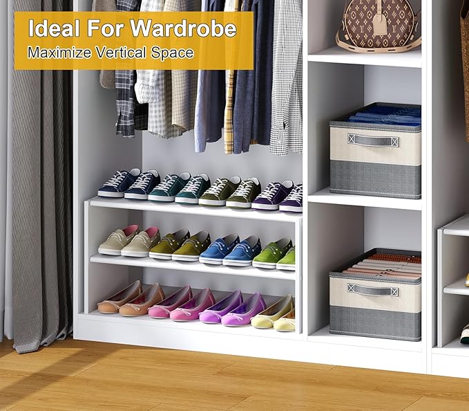 2 Tier Small White Shoe Rack For Closet, Stackable Shoe Shelf Organizer for 9 -12 Pairs of Shoes, Small Shoe Storage Organize