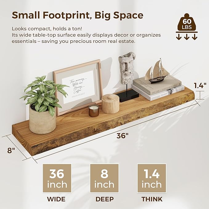 Dreamland Wood Floating Shelves 36 Inch Long, Rustic Solid Elm Wood Live Edge Shelves for Home Decor, 8 Inch Deep Wall Shelf 