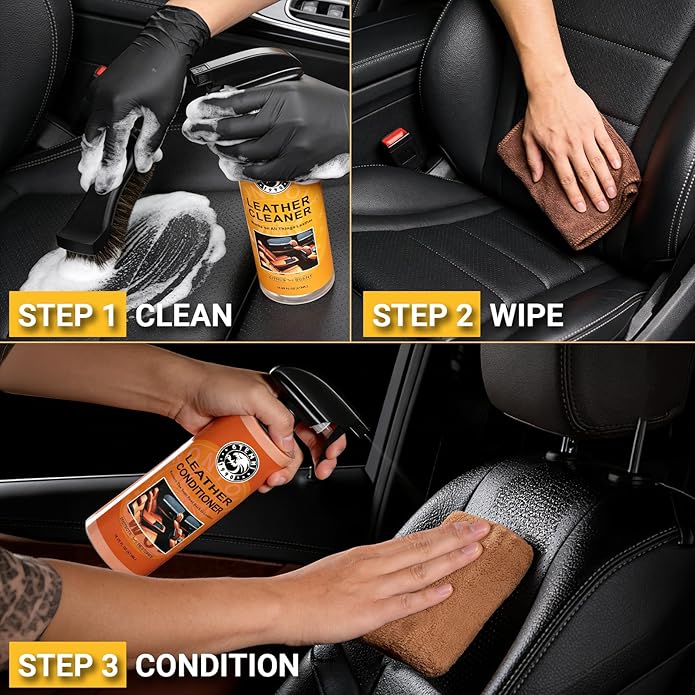 Car Leather Cleaner and Conditioner Kit, Leather Care Cleaning Kit with Horse Hair Cleaning Brush - Safe for Car Interiors, F