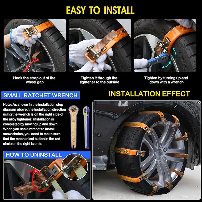 Snow Chains, Anti Slip, Non-metallic, Emergency Tire Chains Suitable for Cars, Trucks, Pickup, SUVs with Tire Width of 245-27