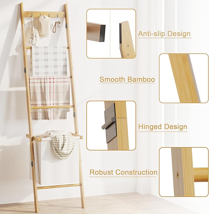 BAMBANG Bamboo Blanket Ladder with Basket, 5-Tier Quilt Rack Stand with 4 Hooks & Storage Hamper for Living Room Bathroom, Wa