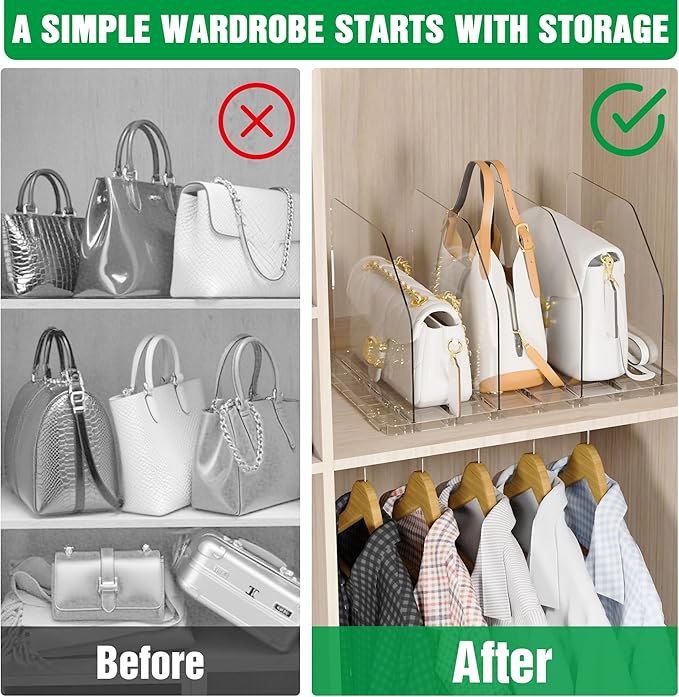 Bag & Purse Organizer for Closet, 4 Sets Adjustable Clear Handbag Storage Shelf, Plastic Clutch Dividers for Closet Organizer